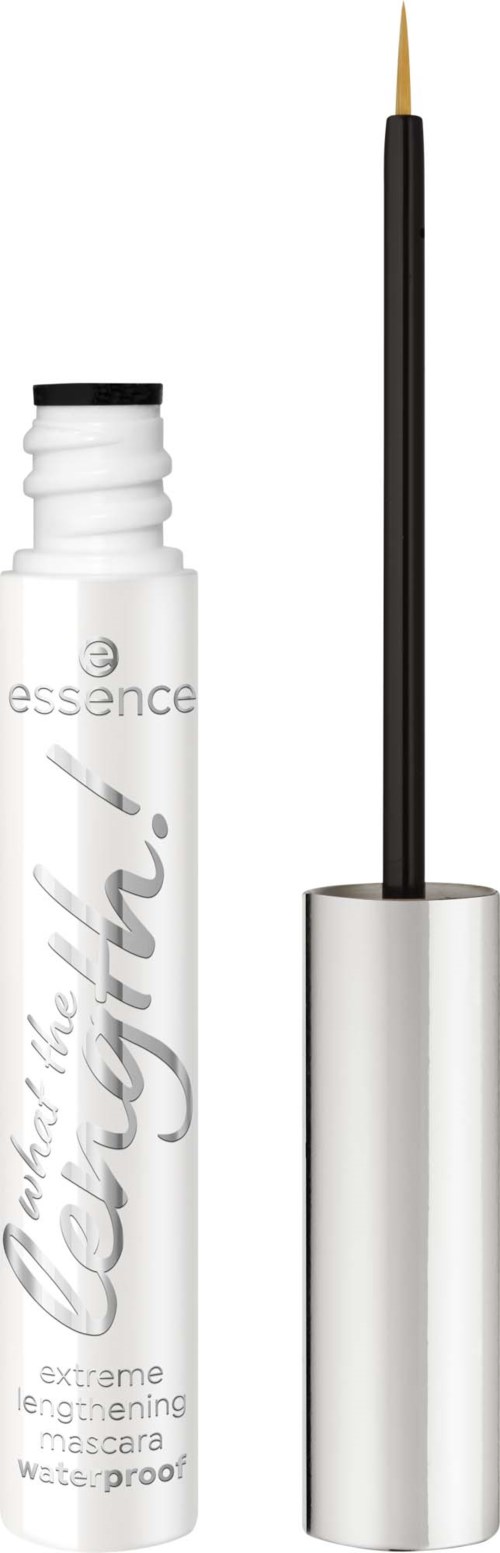 A white tube of waterproof mascara and a black mascara brush with a silver cap.