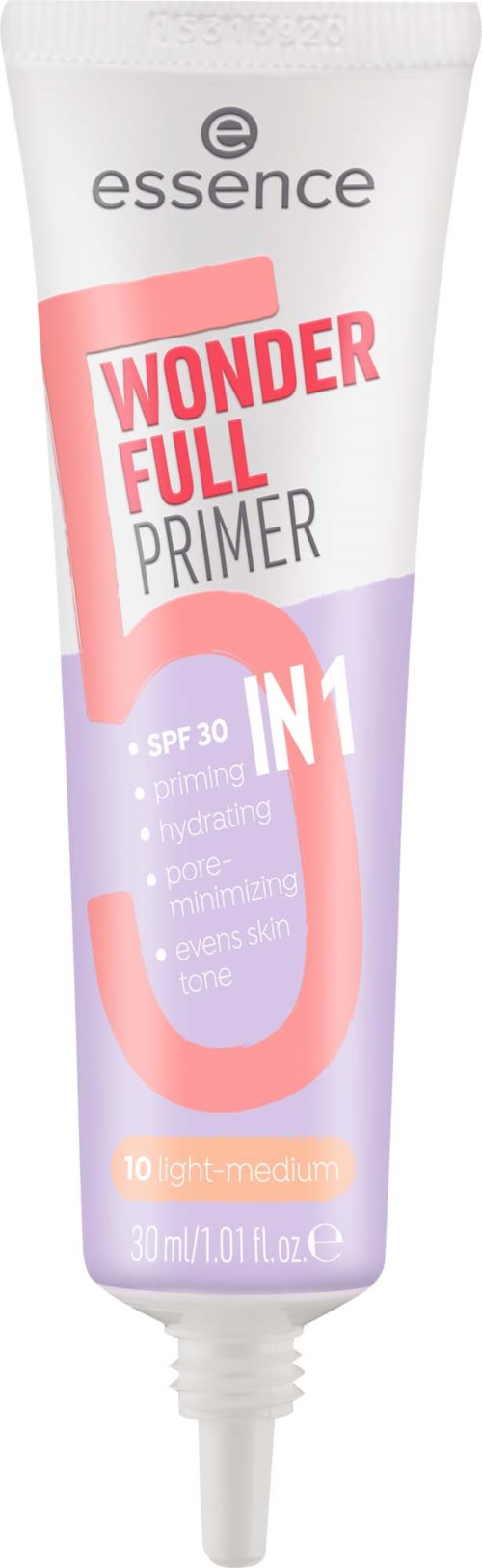 Tube mit Essence Wonder Full Primer mit SPF 30, leichte Formel, für Hydratation und glatte Haut.