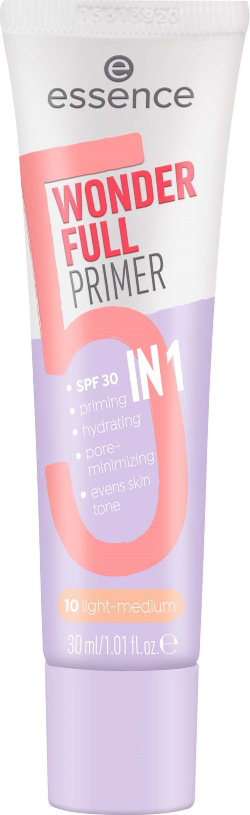 Eine Tube Make-up-Foundation-Primer mit SPF 30 von Essence, zum Hydratisieren und Glätten der Haut, in lila und weißer Verpackung.