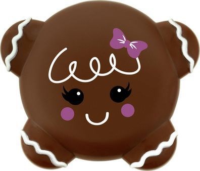 A cute, smiling bear-shaped object with a purple bow, black eyes, pink cheeks, and white decorations on ears.