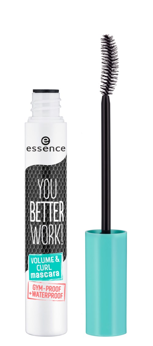 En vit tub med mascara med svart och turkos lock, märkt "You Better Work!" för volym och lock, vattentät.