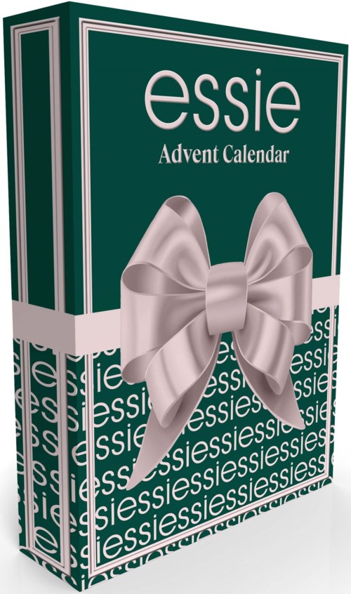 En grön förpackning med vit text presenterar ett Adventskalender från Essie, dekorerad med ett stort silverband.