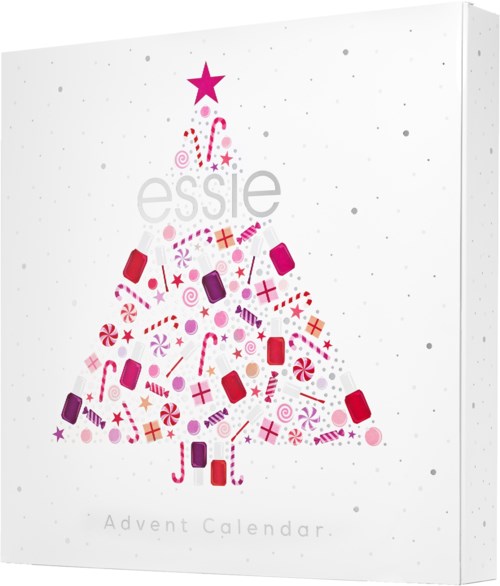 Dette er en adventskalender formet som et juletre laget av rosa, lilla og røde pynt, gaver og godterier, toppet med en stjerne.