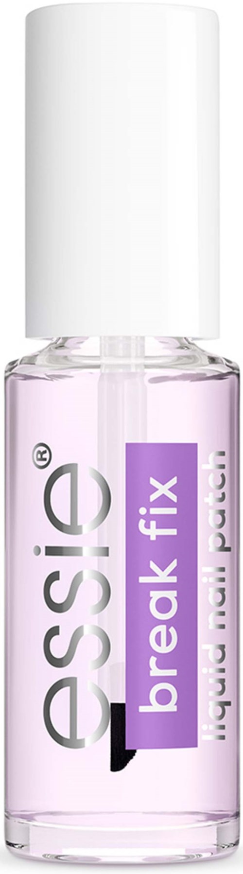 En klar neglelakflaske med hvid prop, mærket 'essie' og teksten 'break fix' på etiketten.