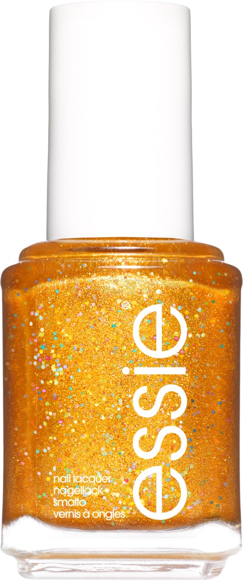 Lyst orange neglelak med glitter, i en klar flaske med hvid låg, mærket 'essie.'