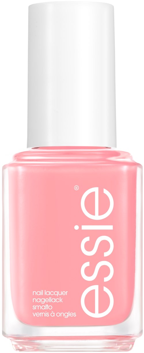 En rosa neglelakkflaske med hvit hette og ordet 'essie' skrevet vertikalt på forsiden.