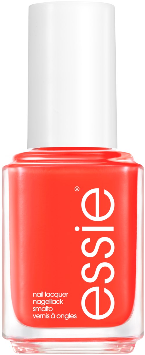 En flaska nagellack i korallrosa med märket 'Essie' skrivet i vitt. Locket är vitt.