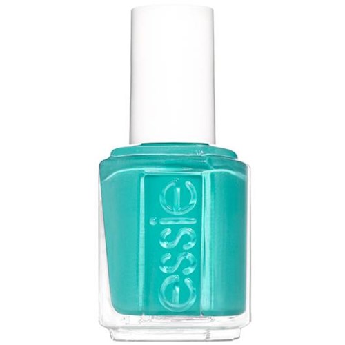 En flaska nagellack i turkos färg med vit kork, märkt 'essie' på framsidan.