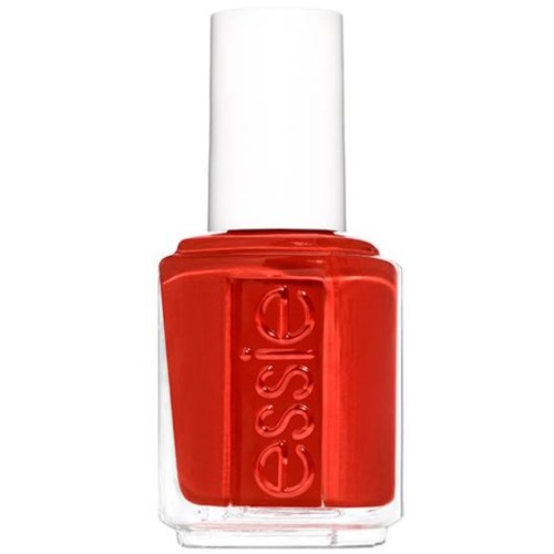Röd nagellackflaska med vit kork, märkt "essie".