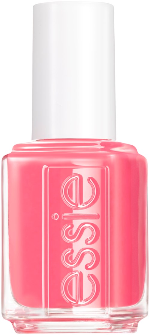 Pink neglelakkflaske med merkevaren 'essie' og hvitt lokk.