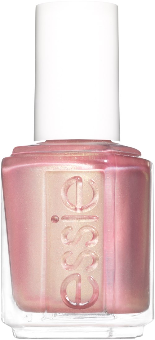 En flaska rosa nagellack med en stående vit kork och märket 'essie' präglat på framsidan.