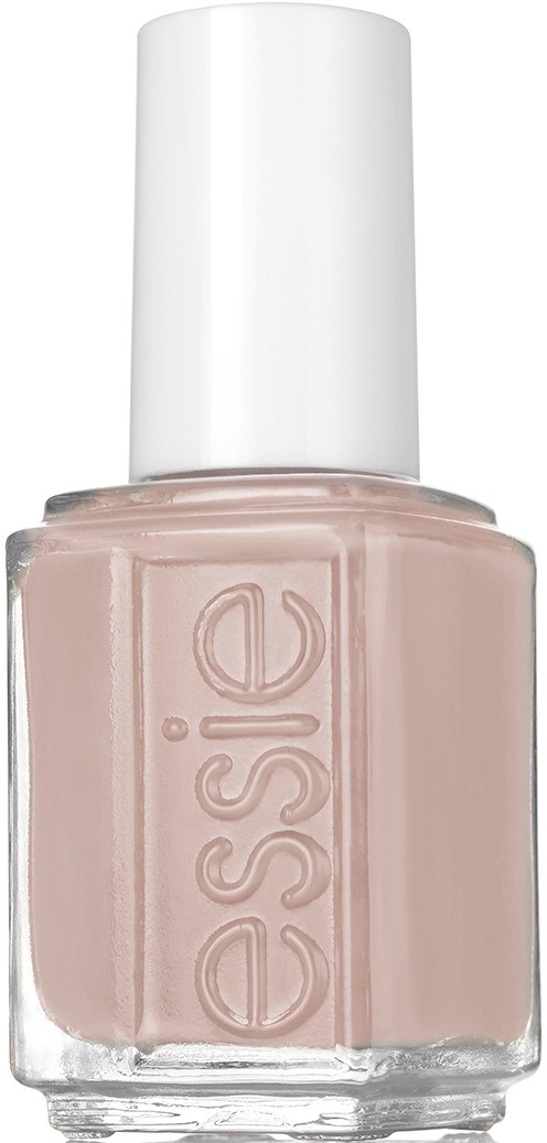Eine beigen Nagellackflasche mit weißem Deckel, Markenname 'essie'.