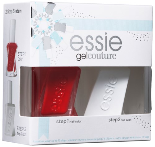 Ett förpackat set av Essie gel nagellack med röd färg och topplack, märkt som ett 2-stegs system.