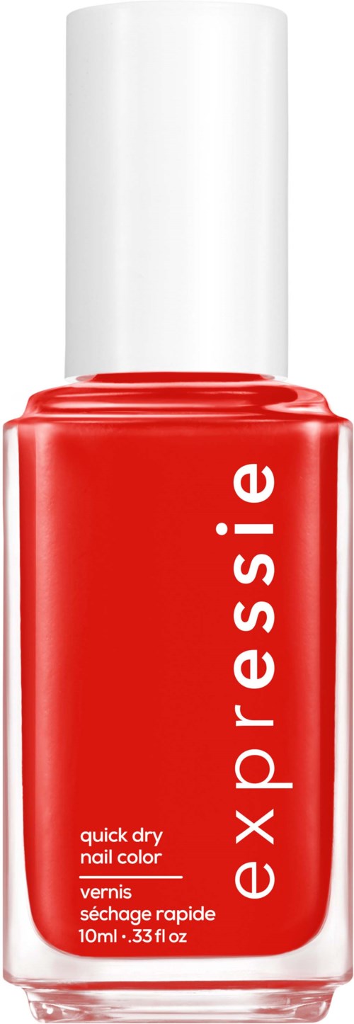  punainen kynsilakkapurkki valkoisella kannella, merkintä 'explessie' ja 'quick dry nail color'.