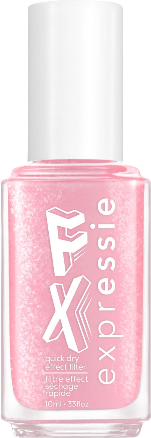 Valkoinen korkki ja vaaleanpunainen kynsilakkapullo, merkki 'Essie' ja 'exposure', 10 ml, nopea kuivuva vaikutus.