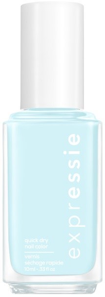 Vaalean sininen kynsilakkapullo, jossa valkoinen kansi, merkinnät 'essie' ja 'quick-dry nail polish'.