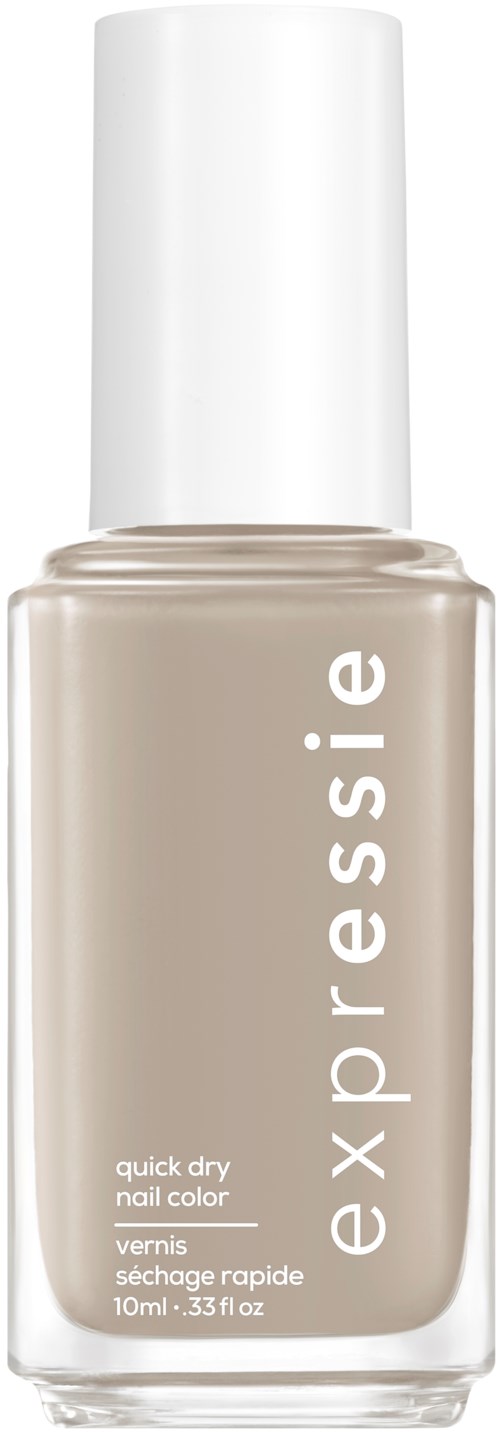Beige-lakkapullo, jossa valkoinen kansi, merkitty 'essie quick dry nail color' ja koko 10 ml.