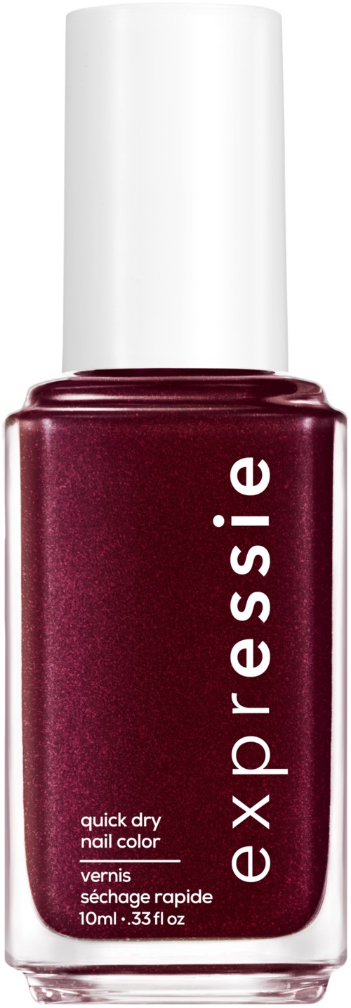 Pullo tummansinistä kynsilakkaa, jossa valkoinen kansi, merkitty 'expressie' ja 'quick dry nail color.'