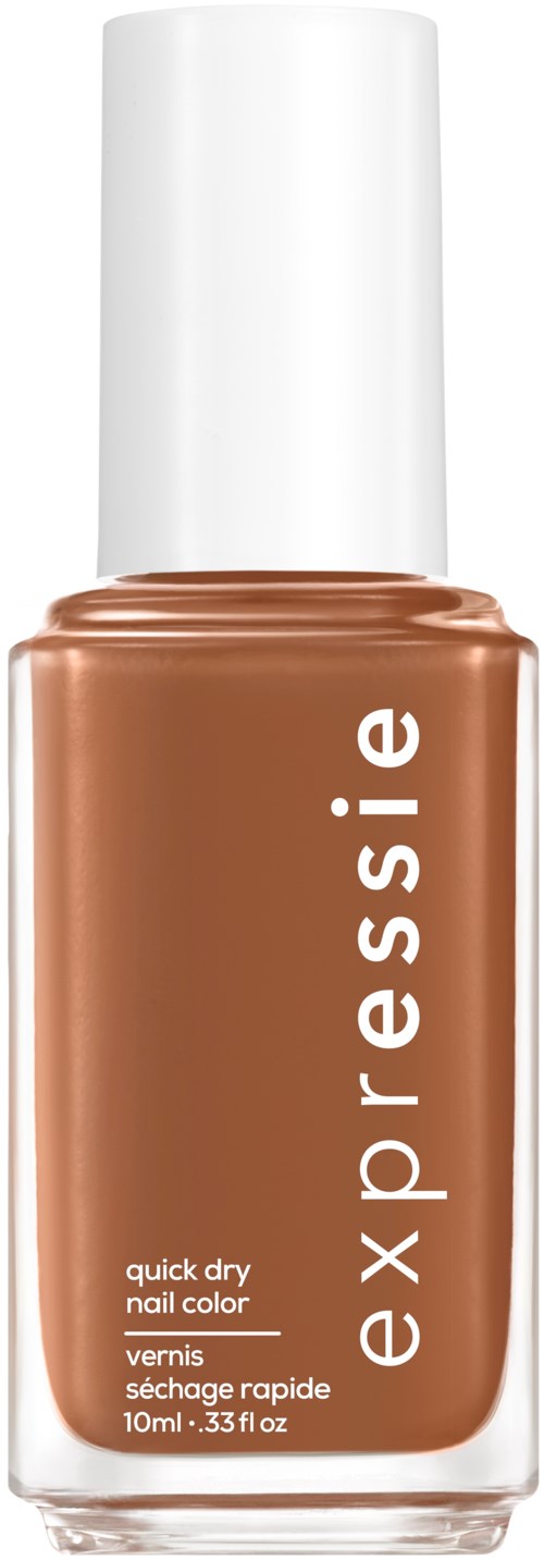 Ruskea kynsilakkapullo, jossa valkoinen korkki ja teksti 'expaint' ja 'quick dry nail color'.