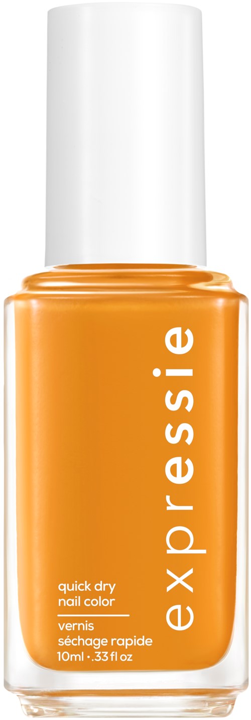 En flaska orange nagellack med vit lock, märkt 'essie.'