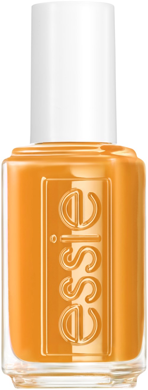 En flaska orange nagellack med vit lock och präglat varumärkesnamn på framsidan.