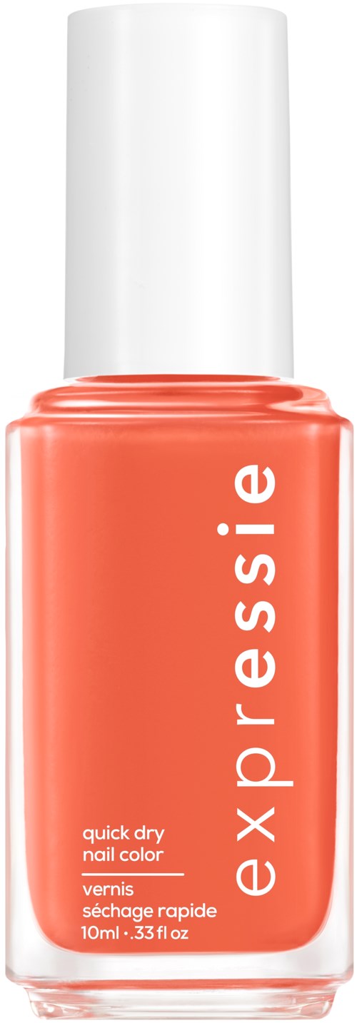 A coral-colored nail polish bottle with a white cap labeled 'expressie' and 'quick dry nail color'.