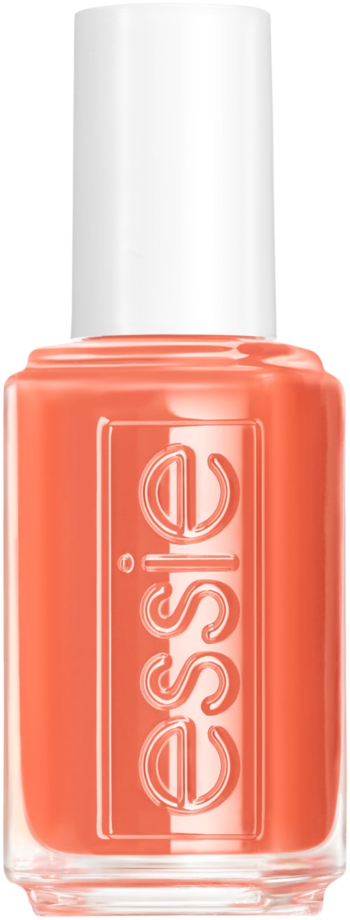 A bottle of coral-colored nail polish with a white cap, featuring the brand name 'essie' on the front.