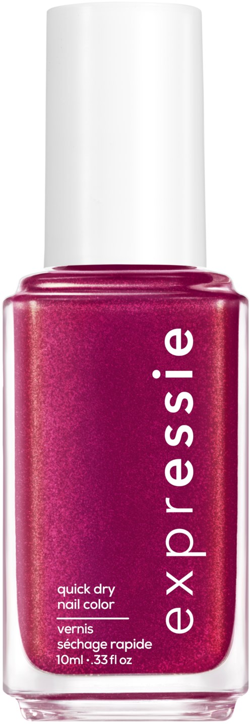 Violetti kynsilakkapullo, jossa valkoinen kansi ja teksti 'expre ssie' ja 'quick dry nail color'.
