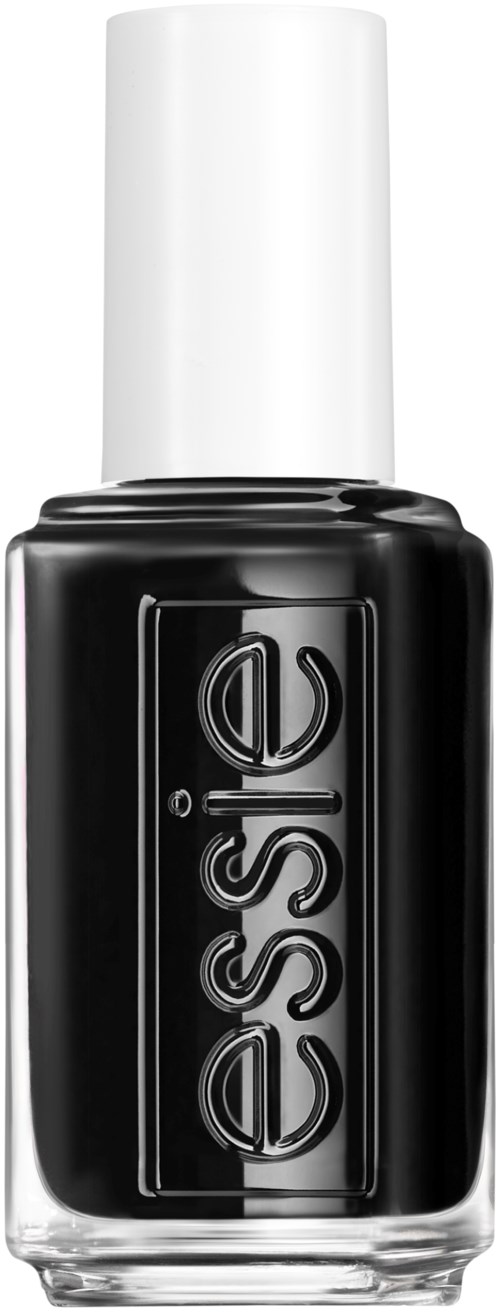 Eine schwarze Nagellackflasche mit weißem Deckel, mit dem Schriftzug 'essie' auf der Vorderseite.