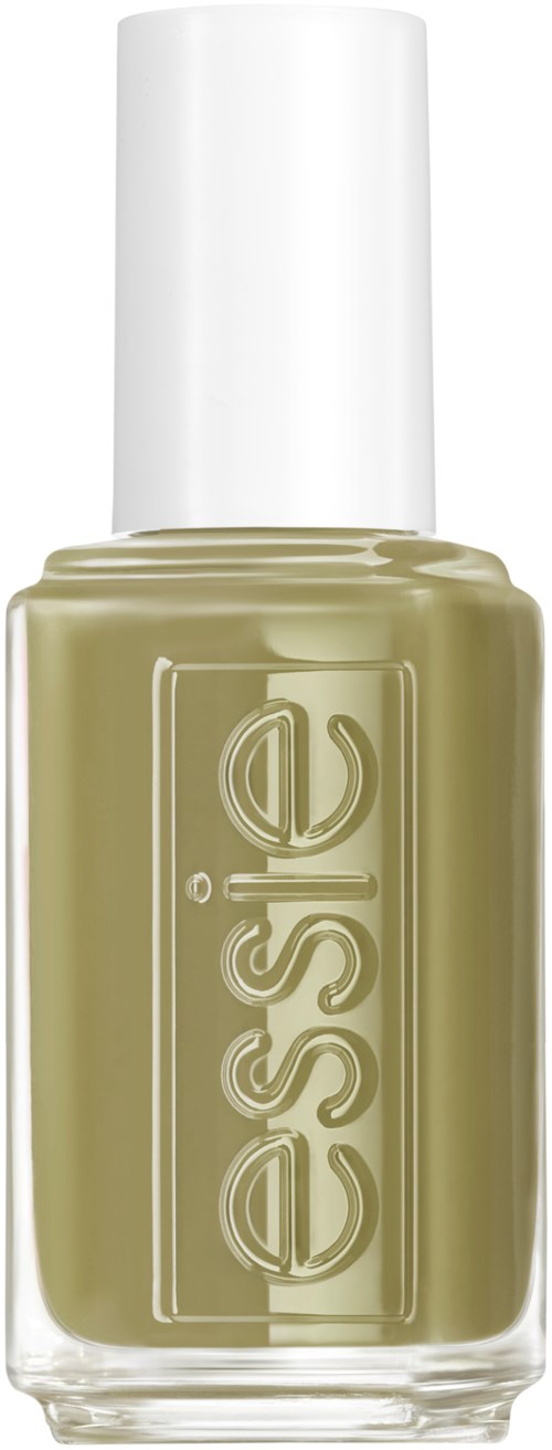beige-lakkapullo, jossa valkoinen korkki ja sana "essie" kirjoitettuna pystysuoraan etupuolella.