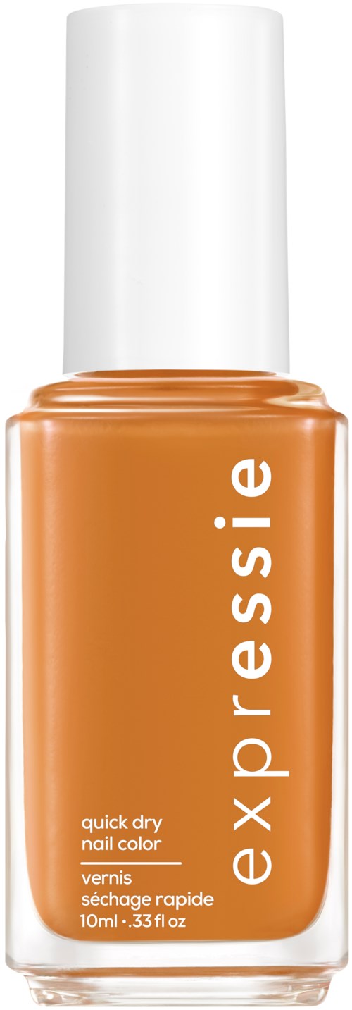 Kynsilakkapullo oranssilla värillä ja valkoisella korkilla, merkitty 'essie' ja 'quick dry nail color.'