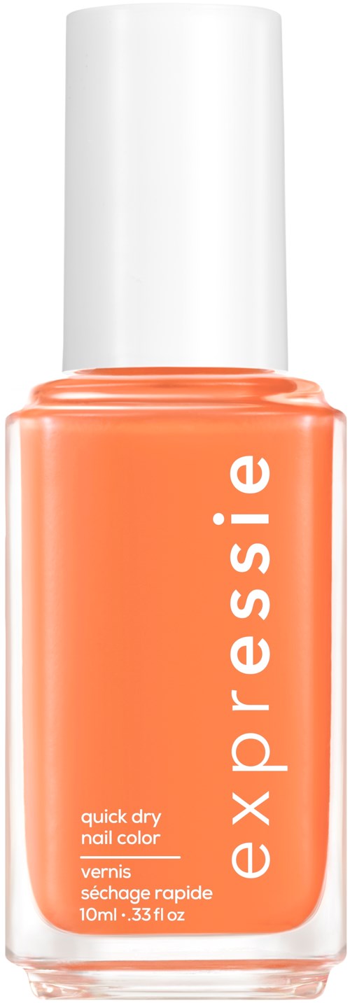A bottle of coral-colored nail polish with white cap, labeled 'essie' and 'quick dry nail color'.