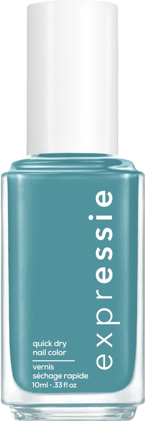 En turkos flaska med Essie snabbtorkande nagellack med vit lock.