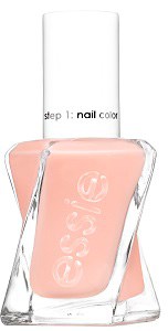 Een nagellakfles met lichtroze kleur en doorzichtige dop, gemarkeerd als stap 1: nagellak.