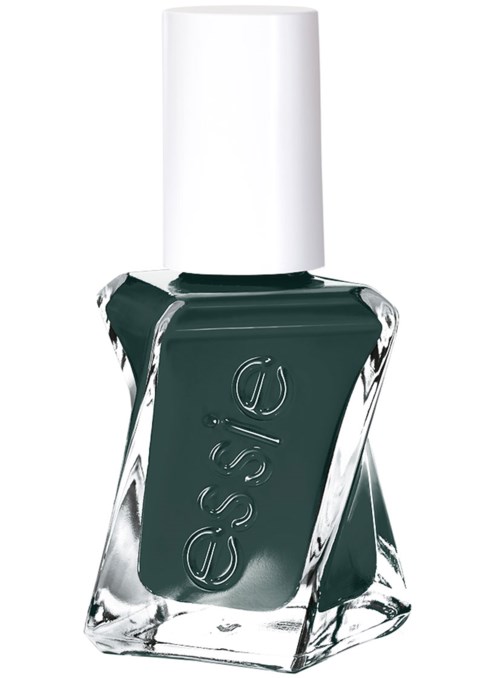 Eine dunkelgrüne Essie Nagellackflasche mit weißem Deckel. Die Flasche hat eine schiefe Form und das Essie-Logo ist geprägt.