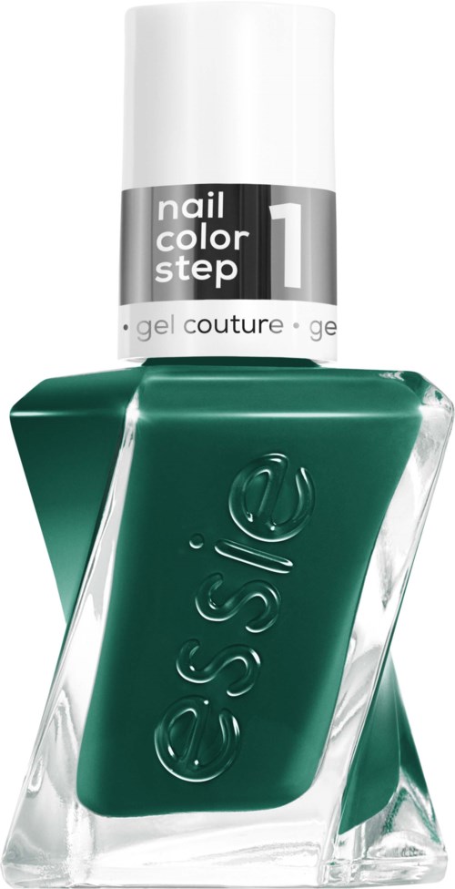 Eine Flasche grüner Nagellack mit weißem Deckel, beschriftet 'essie' und 'nail color step 1' für Maniküre.