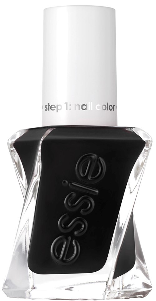 Black nail polish in a clear glass bottle with a white cap, labeled 'essie'.
