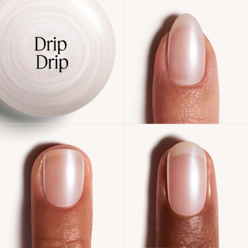 En liten rund flaska märkt 'Drip Drip' och tre närbilder av ett finger med ljus rosa nagellack.
