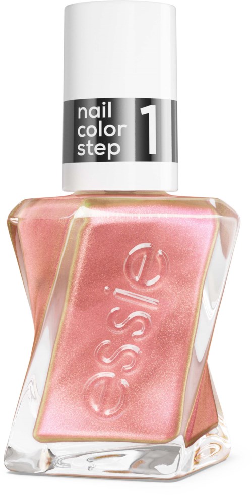 Eine pinkfarbene Nagellackflasche mit weißem Deckel, beschriftet mit 'nail color step 1.'