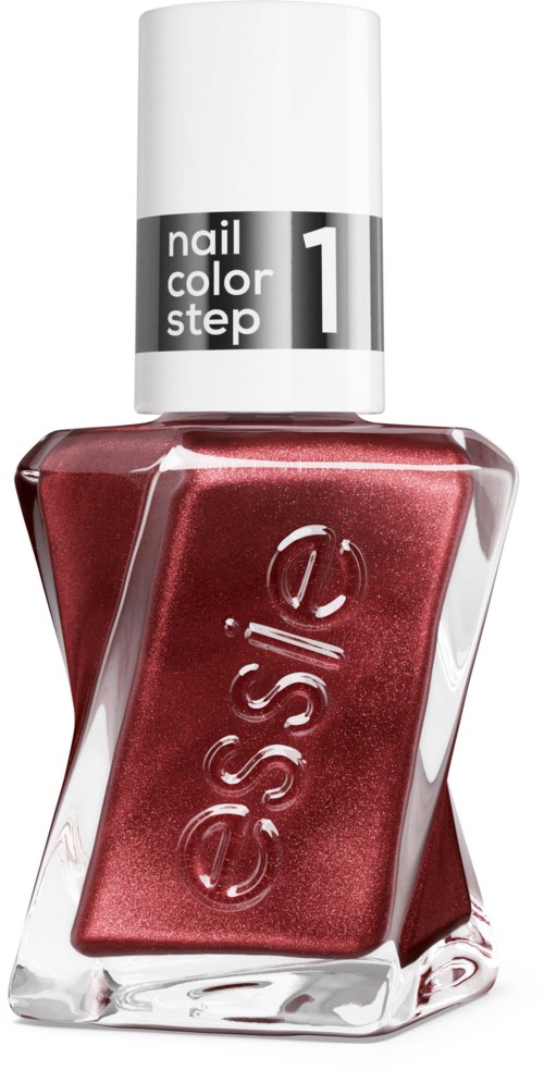 En flaska med rött nagellack med vit kork och en etikett som säger 'nail color step 1'.