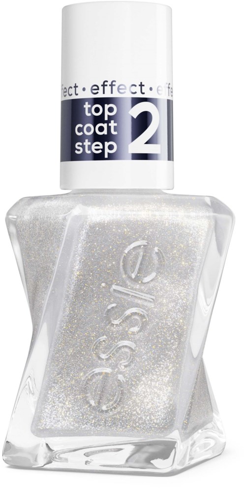 A clear nail polish bottle with white glitter, labeled top coat step 2, from Essie.