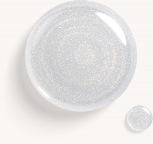 Small and large clear containers with sparkly, glittery substance inside, on a light background.