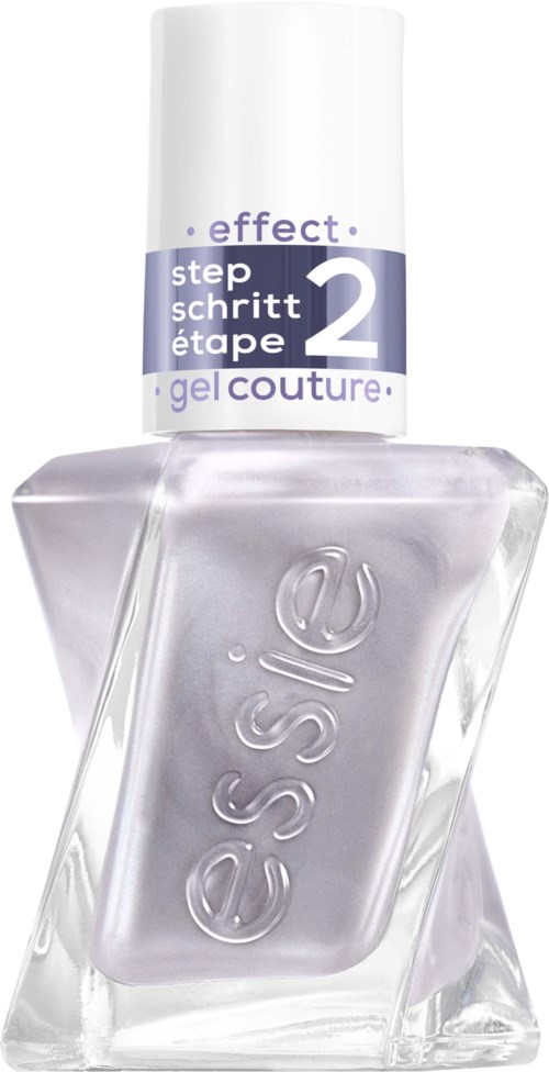 Weißer Nagellackflasche mit lila und weißem Etikett, zeigt Schritt 2 des Gel-Maniküre-Prozesses.
