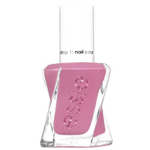 Hellrosa Nagellack in einer klaren Glasflasche mit weißem Deckel, beschriftet 'step 1: nail color.'