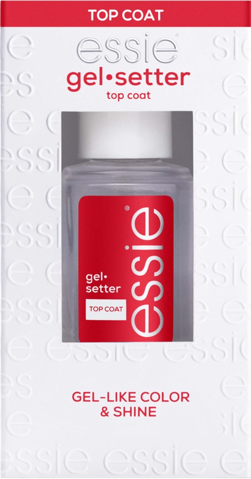 En liten flaska Essie gel setter topplack i en vit och röd låda. På lådan finns Essie-logotypen och produktbeskrivning.
