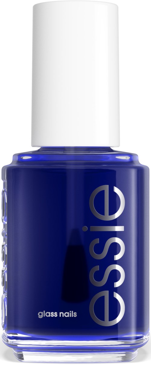 Eine blaue Nagellackflasche mit weißem Deckel, beschriftet mit 'essence glass nails' und 'glass nails.'