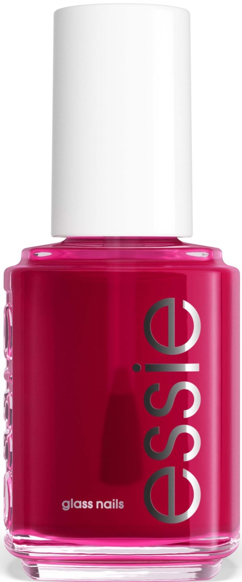 Eine hellpinkfarbene Glas-Nagellackflasche mit weißem Deckel, beschriftet mit 'essie' und 'glass nails'.