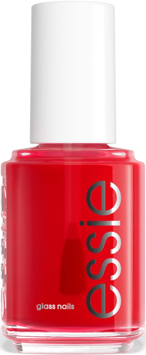 Rote Nagellackflasche mit weißem Deckel, beschriftet 'essie' und 'glass nails.'