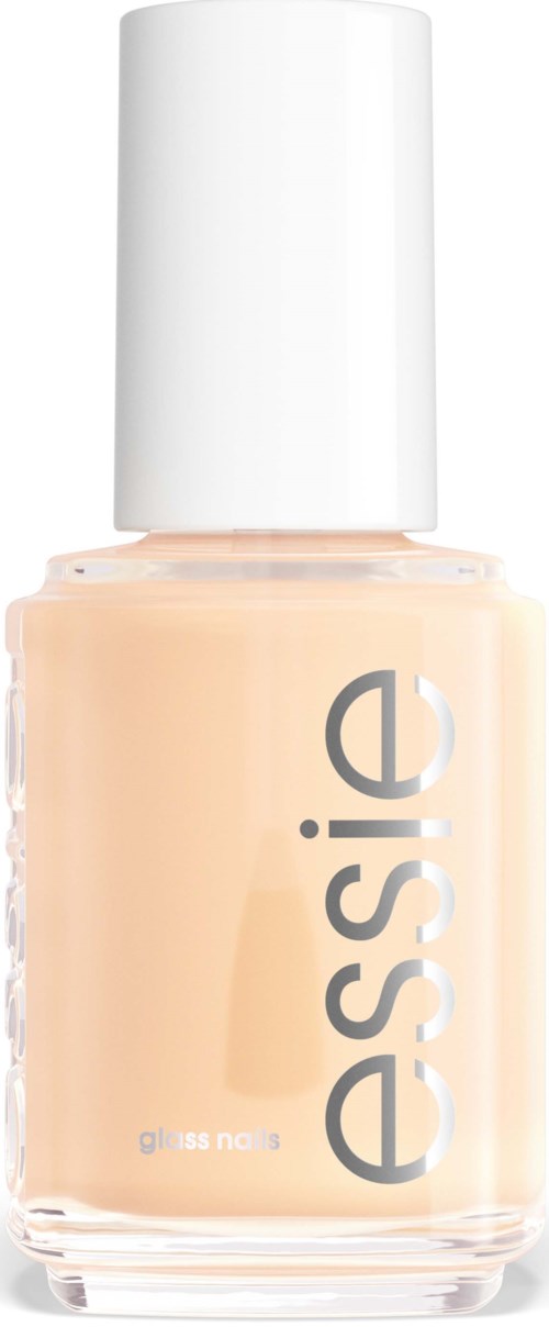 Eine Flasche mit beigem Nagellack, weißer Deckel, 'essie' geschrieben.
