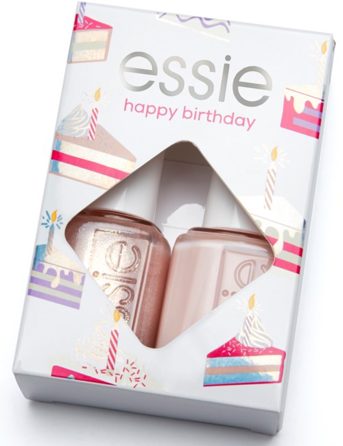 Nail polishes in a special birthday-themed box with candles and cake illustrations.